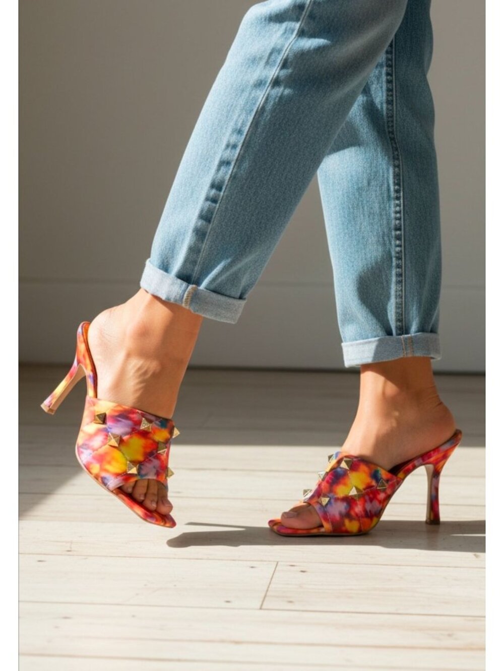 Colorful Tie-Dye Studded High Heel Mules With Quilted Detail & Open Toe Design F